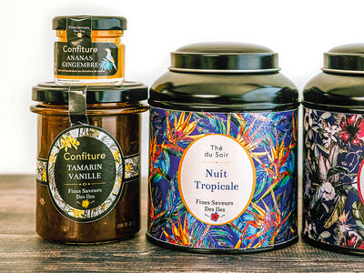 Coffret Panier Nuit des îles avec thé ou tisane du soir et confitures