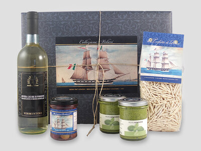 Cofanetto regalo Viaggio tra i sapori liguri a domicilio: 1 box con pesto, Vermentino e tanti prodotti tipici