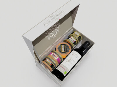 Coffret cadeau Assortiment artisanal à domicile : foie gras, terrines et vin rouge bio