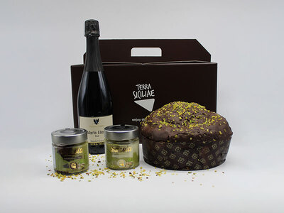 Cofanetto regalo Sapori di Sicilia a Natale: 1 box con panettone al pistacchio e spumante rosé a domicilio