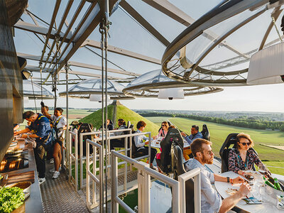 Coffret cadeau Dinner in the Sky : menu 4 plats avec accord mets et vins au-dessus de la Butte du Lion