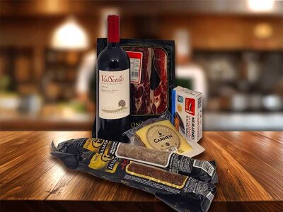 Caja regalo Jamonarium: 1 lote con un tinto joven D.O. Ribera del Duero, embutidos, queso curado y mejillones